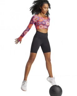 ADIDAS - Crop top a maniche lunghe con stampa floreale rossa