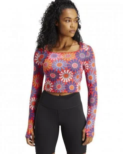 ADIDAS - Crop top a maniche lunghe con stampa floreale rossa