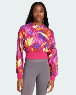 ADIDAS  - FELPA DONNA CON CAPPUCCIO FANTASIA TROPICALE FUXIA, BLU, GIALLA E ROSA, X FARM -  JD6283