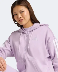 ADIDAS - FELPA  DONNA  FULL ZIP CON CAPPUCCIO LILLA ESSENTIALS 3- STRIPES FELPATA  -JY308