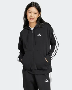 ADIDAS - FELPA  DONNA  FULL ZIP CON CAPPUCCIO NERA ESSENTIALS 3- STRIPES  - JE1283