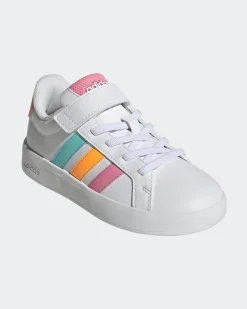 ADIDAS - SCARPA BIANCA GRAND COURT 3.0 STRISCE COLORATE DA BAMBINI 28-35 - KI6503