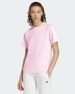ADIDAS - T-SHIRT DONNA MEZZA MANICA ESSENTIALS 3-STRIPES ROSA CON BANDE BIANCHE- JM2398