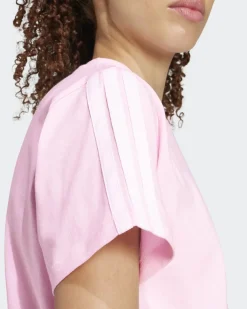 ADIDAS - T-SHIRT DONNA MEZZA MANICA ESSENTIALS 3-STRIPES ROSA CON BANDE BIANCHE- JM2398