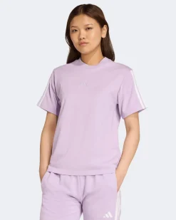 ADIDAS - T-SHIRT DONNA MEZZA MANICA ESSENTIALS 3-STRIPES LILLA CON BANDE BIANCHE-JV7362