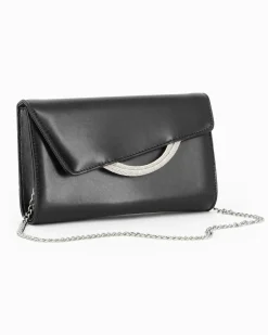 ANNES NICOLE - Pochette nera con cinturini in strass sulla patta e tracolla a catenina