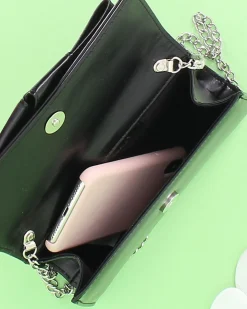 ANNES NICOLE - Pochette nera con fiocco glitterato sulla patta, MADE IN ITALY