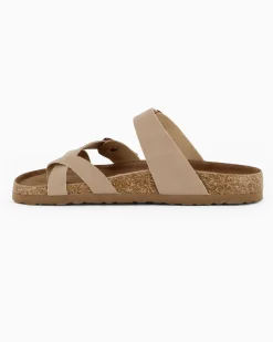 BACHATA - Ciabatta infradito beige effetto nabuk con doppia fibbia e sottopiede in VERA PELLE
