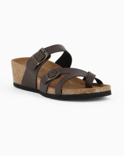 BACHATA - Ciabatta infradito marrone effetto matte con doppia fibbia e sottopiede in VERA PELLE, zeppa 5CM