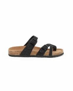 BACHATA - Ciabatta infradito nera glitterata con doppia fibbia e sottopiede in VERA PELLE, zeppa 5CM