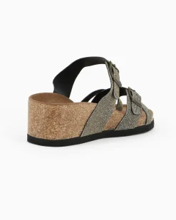 BACHATA - Ciabatta infradito taupe glitterata con doppia fibbia e sottopiede in VERA PELLE, zeppa 5CM