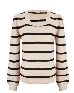 BACHATA - Maglia manica lunga beige a righe nere con scollo quadrato