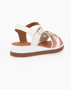 BACHATA - Sandalo bianco con sottopiede in VERA PELLE e fascia frontale multicolor effetto paglia con morsetto - MADE IN ITALY