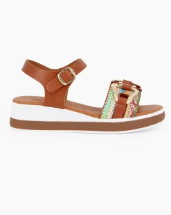 BACHATA - Sandalo cuoio con sottopiede in VERA PELLE e fascia frontale multicolor effetto paglia con morsetto - MADE IN ITALY