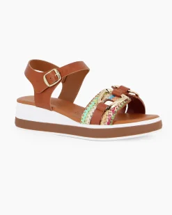 BACHATA - Sandalo cuoio con sottopiede in VERA PELLE e fascia frontale multicolor effetto paglia con morsetto - MADE IN ITALY