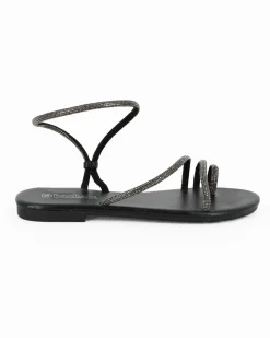 BACHATA - Sandalo infradito nero con strass e cinturino diagonale