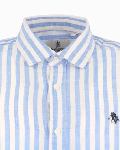 BLUE LEMON - Camcia manica lunga riga riga grande celeste misto lino