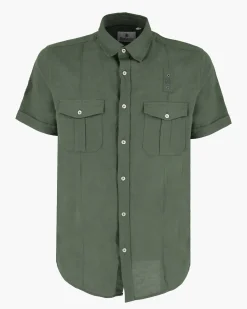 BLUE LEMON - Camicia manica corta verde militare in lino