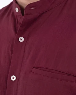 BLUE LEMON - Camicia manica corta bordeaux collo coreano in lino