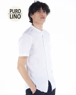 BLUE LEMON - Camicia manica corta bianca collo coreano in lino