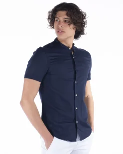 BLUE LEMON - Camicia manica corta blu collo coreano in lino