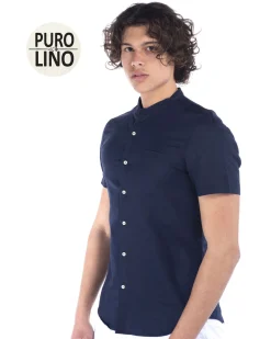 BLUE LEMON - Camicia manica corta blu collo coreano in lino