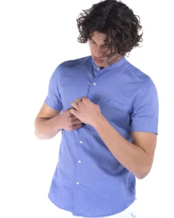 BLUE LEMON - Camicia manica corta glicine collo coreano in lino