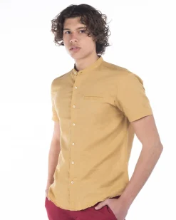 BLUE LEMON - Camicia manica corta ocra collo coreano in lino