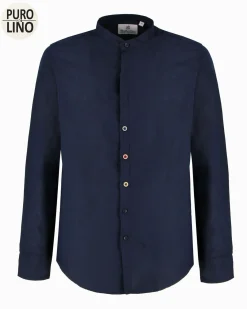 BLUE LEMON - Camicia manica lunga blu con collo corano in lino