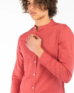 BLUE LEMON - Camicia manica lunga corallo con collo coreano in lino