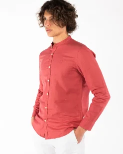 BLUE LEMON - Camicia manica lunga corallo con collo coreano in lino