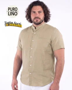 BLUE LEMON - Camicia over manica corta beige con collo coreano in lino