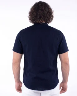 BLUE LEMON - Camicia over manica corta blu con collo coreano in lino