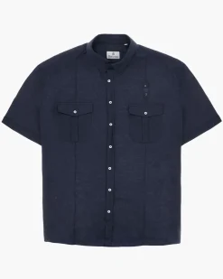 BLUE LEMON - Camicia over manica corta blu in lino