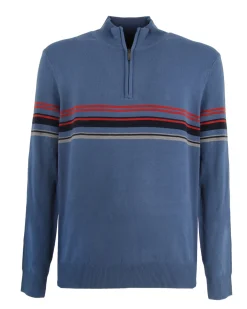 BREZZA DI MARE - MAGLIA MANICA LUNGA DA UOMO AZZURRA MEZZA ZIP RIGA CENTRALE