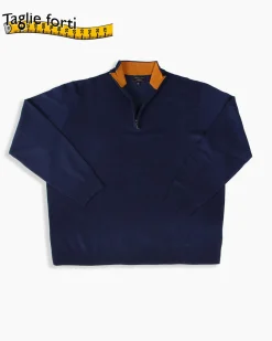 BREZZA DI MARE - MAGLIONE BLU COLLO LUPETTO CON MEZZA ZIP DA UOMO TAGLIE FORTI