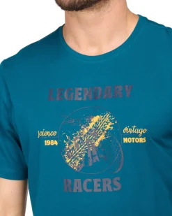 BROKER'S - Tshirt manica corta petrolio con stampa in cotone