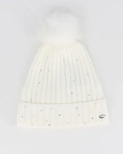 BRUGI - Berretto bianco a maglia da donna con pon pon, brillantini e fodera in pile