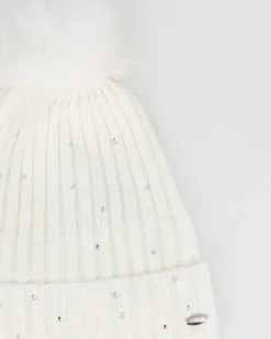 BRUGI - Berretto bianco a maglia da donna con pon pon, brillantini e fodera in pile