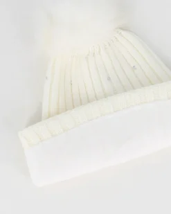 BRUGI - Berretto bianco a maglia da donna con pon pon, brillantini e fodera in pile