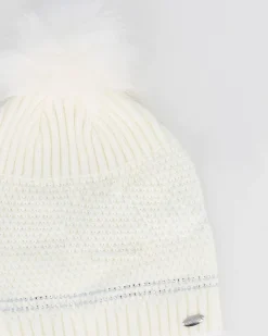 BRUGI - Berretto bianco a maglia da donna con pon pon, strass e fodera in pile
