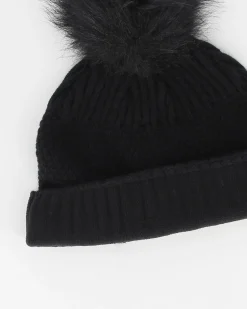 BRUGI - Berretto nero a maglia da donna con pon pon, strass e fodera in pile