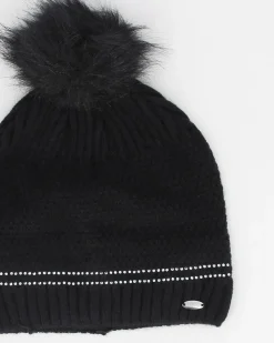 BRUGI - Berretto nero a maglia da donna con pon pon, strass e fodera in pile