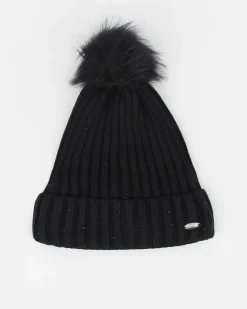 BRUGI - Berretto nero a maglia da donna con pon pon, brillantini e fodera in pile
