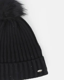 BRUGI - Berretto nero a maglia da donna con pon pon, brillantini e fodera in pile