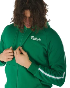 CARLSBERG - Felpa verde full zip con bande e cappuccio