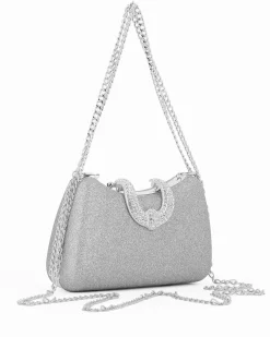Clutch argento in glitter con manici catena e chiusura gioiello  - DIVAS