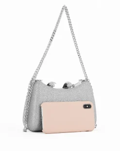 Clutch argento in glitter con manici catena e chiusura gioiello  - DIVAS