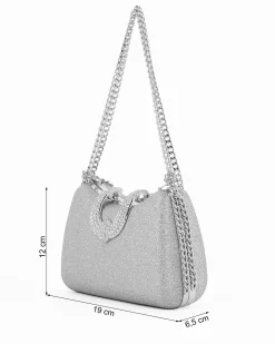 Clutch argento in glitter con manici catena e chiusura gioiello  - DIVAS