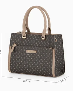 CORTINA POLO STYLE - Borsa due manici moro/taupe logata con tasca frontale, tracolla removibile